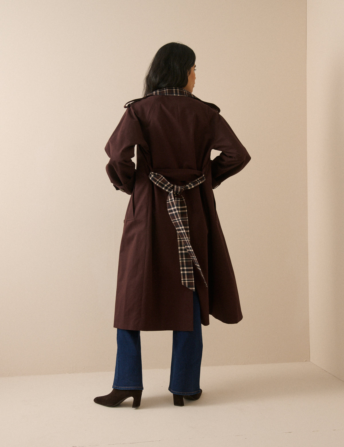 Chocolate Brown Tartan Trim Trench Coat