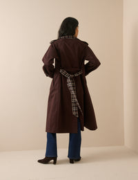 Chocolate Brown Tartan Trim Trench Coat
