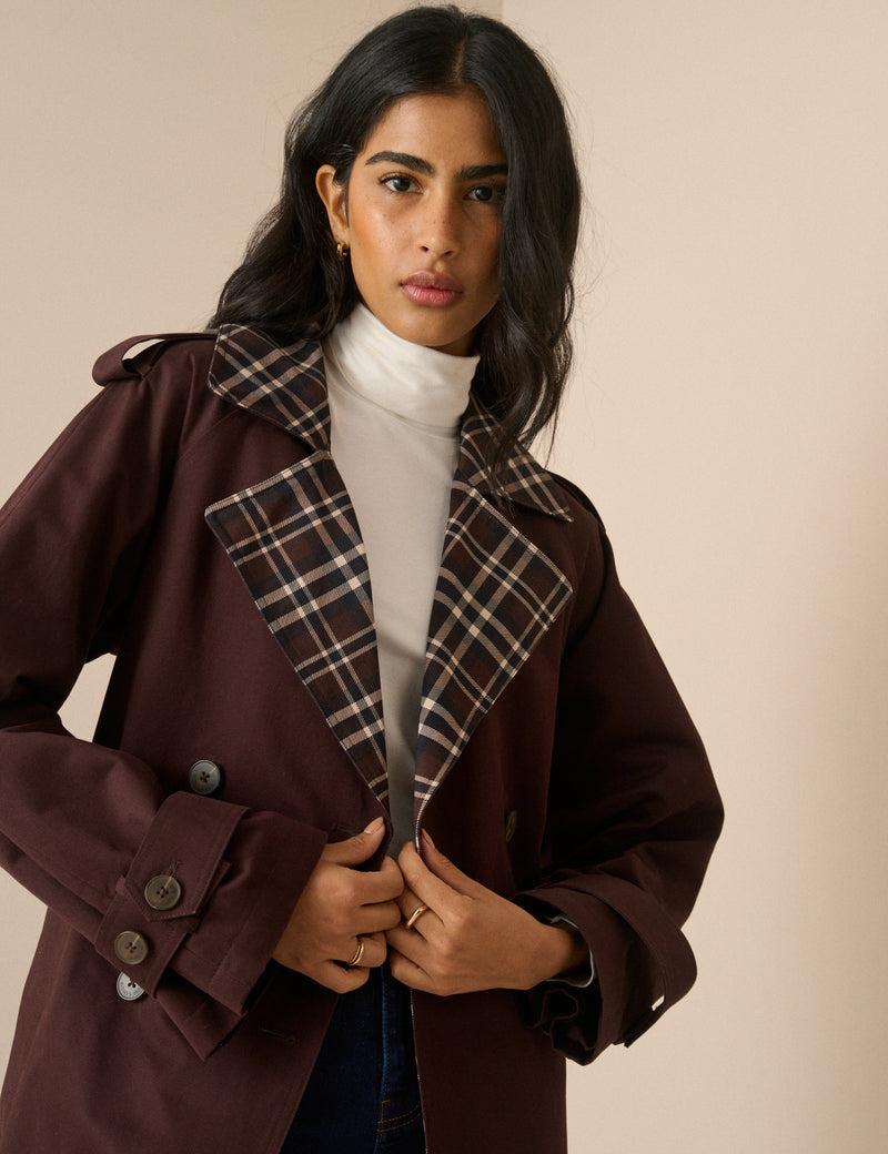 Chocolate Brown Tartan Trim Trench Coat