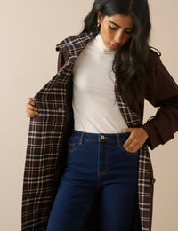 Chocolate Brown Tartan Trim Trench Coat