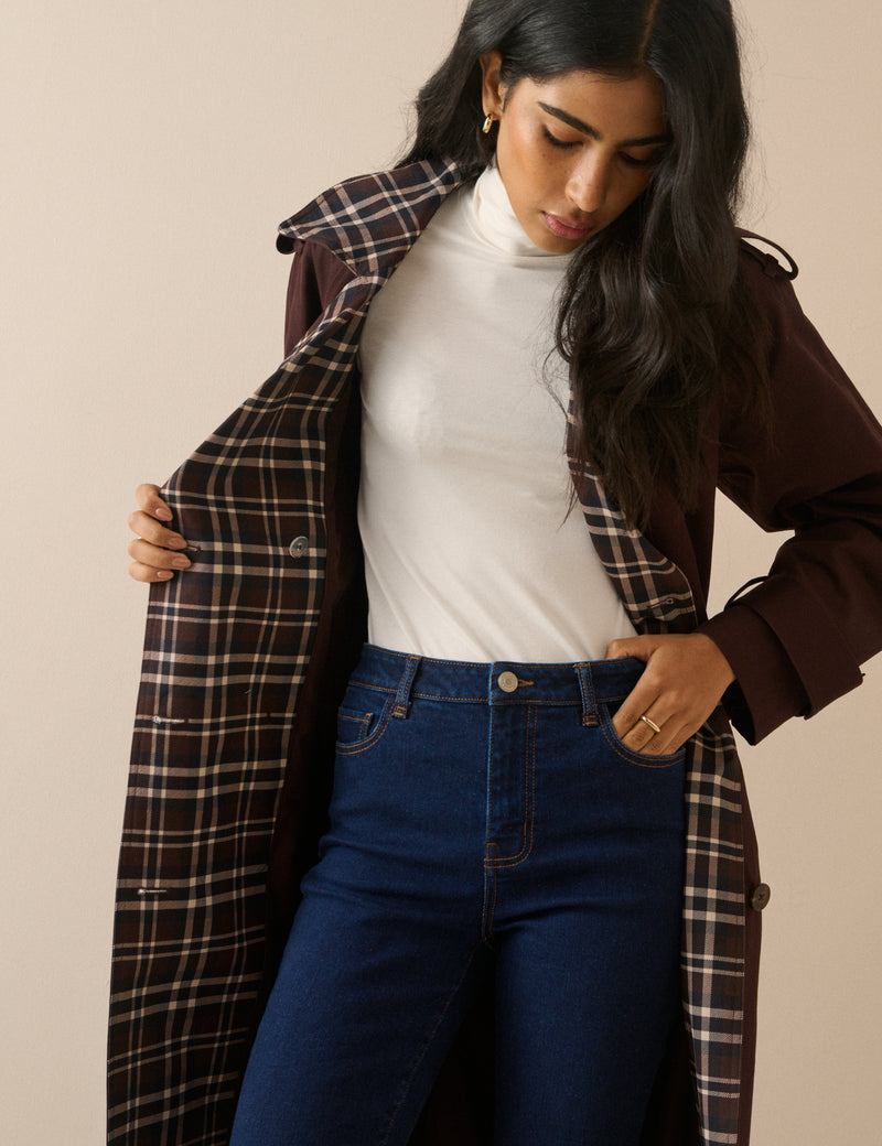 Chocolate Brown Tartan Trim Trench Coat