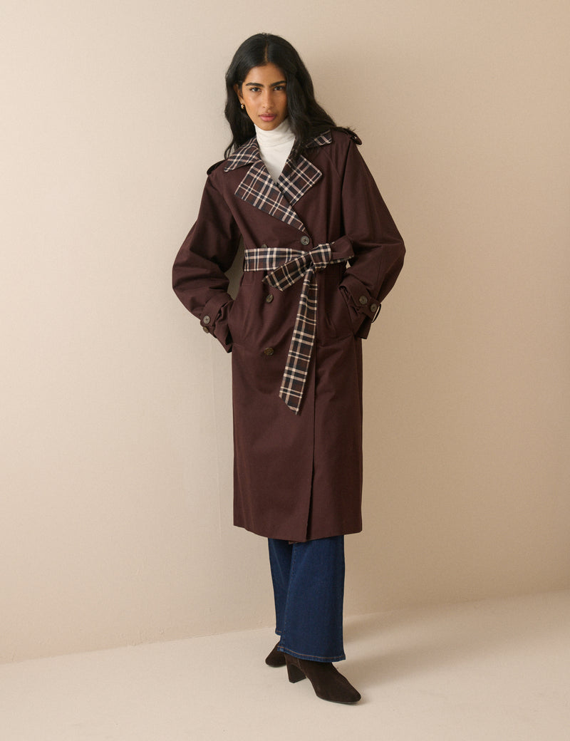 Chocolate Brown Tartan Trim Trench Coat