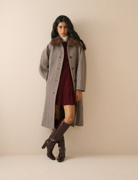 Blue and Red Heritage Faux Fur Collar Coat