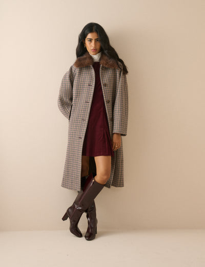 Blue and Red Heritage Check Faux Fur Collar Coat