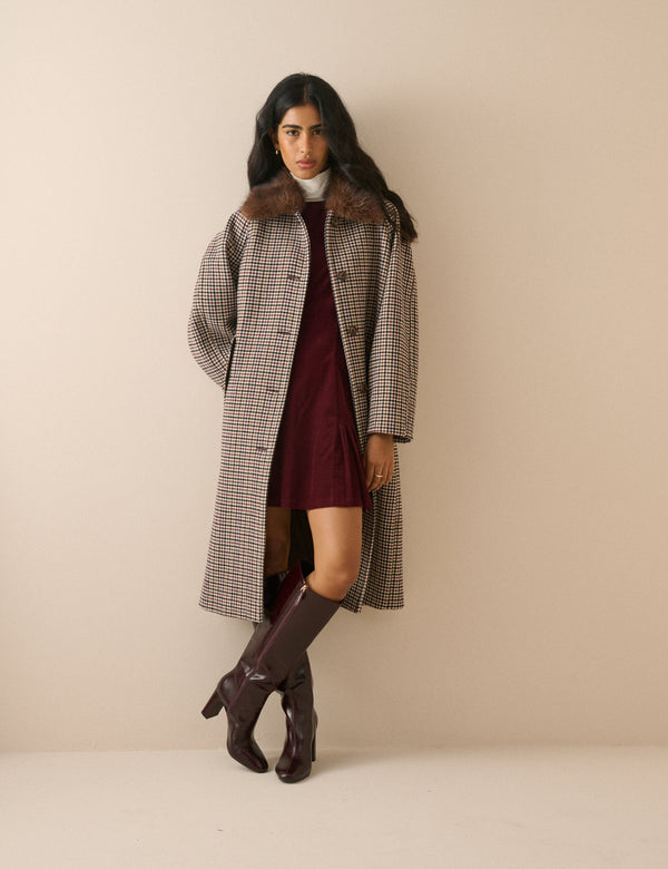 Blue and Red Heritage Check Faux Fur Collar Coat