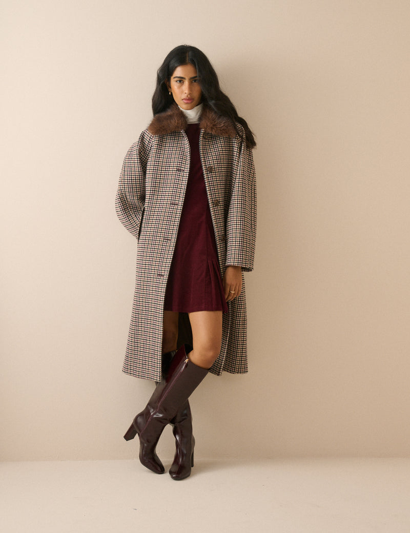 Blue and Red Heritage Faux Fur Collar Coat