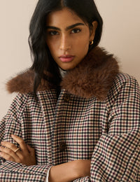 Blue and Red Heritage Faux Fur Collar Coat