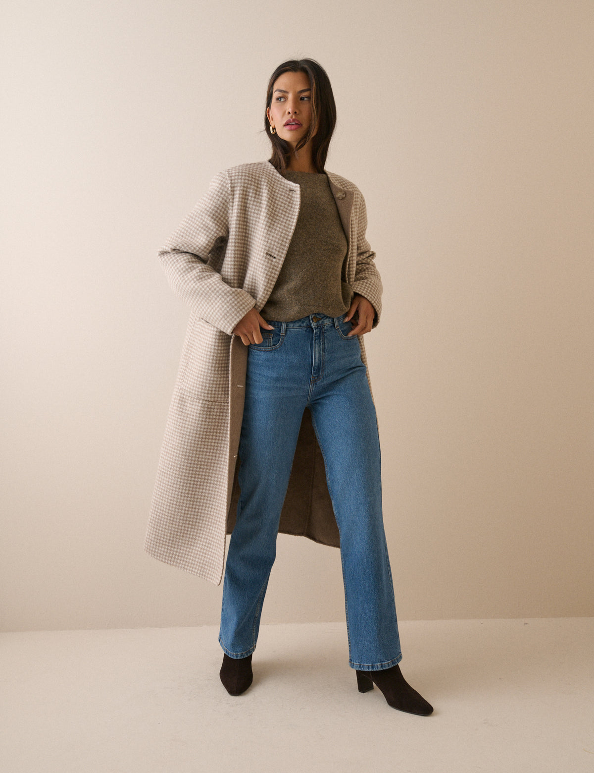 Brown check wool-blend coat worn open