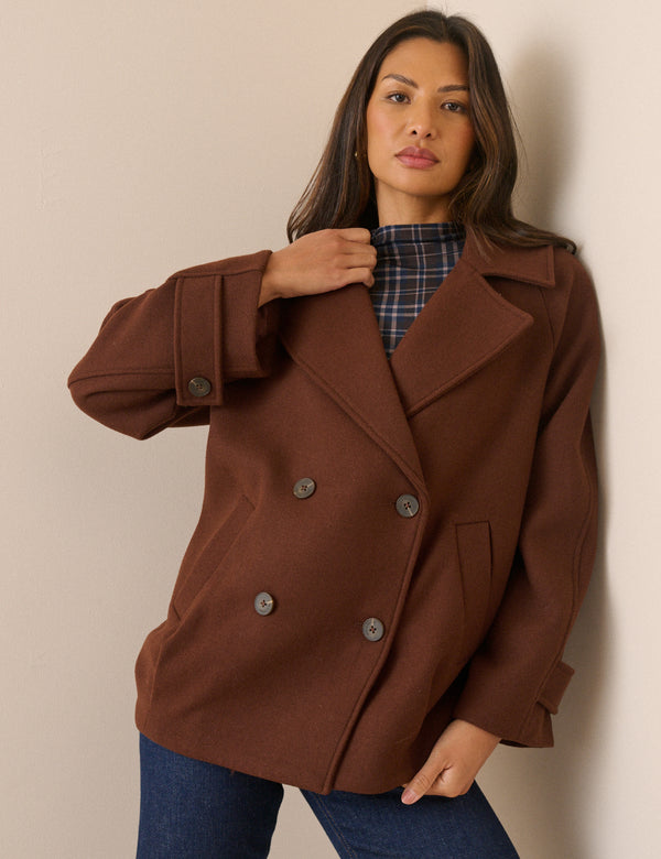 Brown Oversized Collar Wool-Blend Peacoat