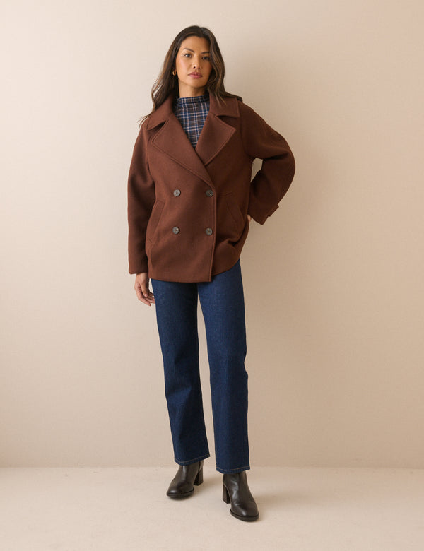 Brown Oversized Collar Wool-Blend Peacoat
