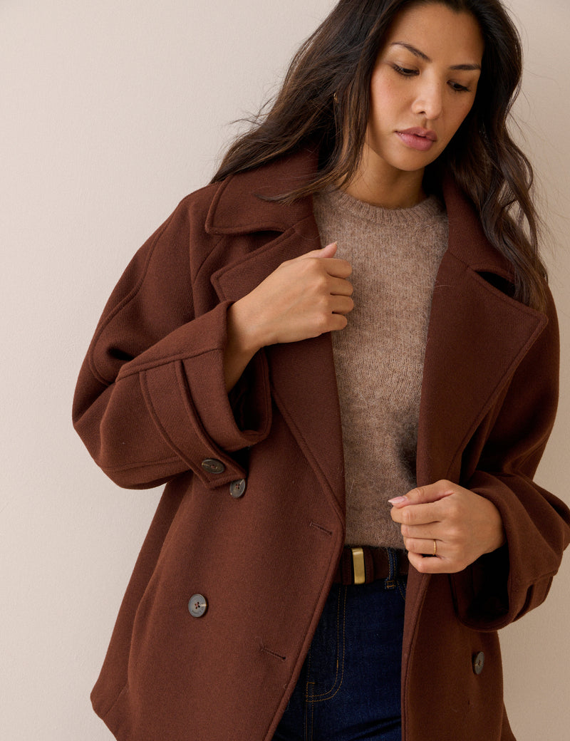 Oversized collar detail on brown wool-blend pea coat