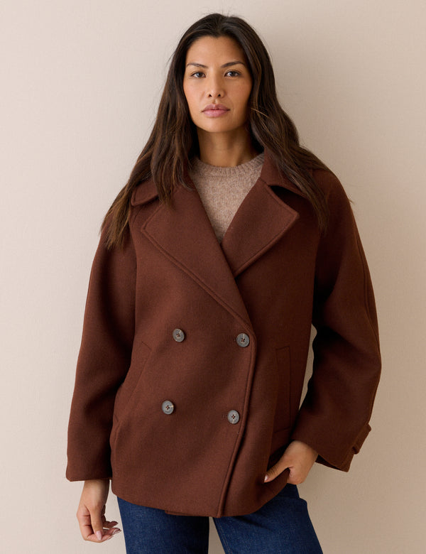 Brown Oversized Collar Wool-Blend Peacoat