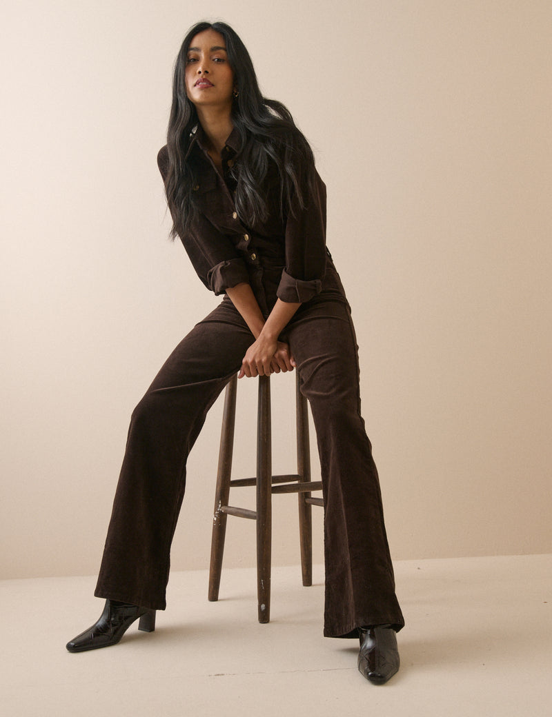 Brown Cord Flare Jack Jumpsuit