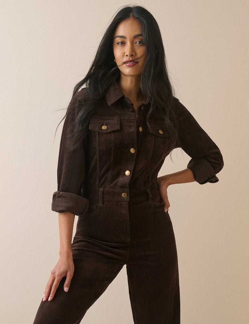 Brown Cord Flare Jack Jumpsuit