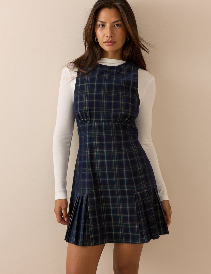 Blue Tartan Cord Pleated Elma Mini Dress