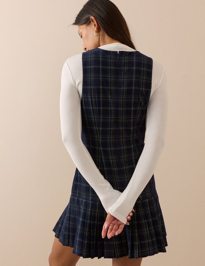 Blue Tartan Cord Pleated Elma Mini Dress