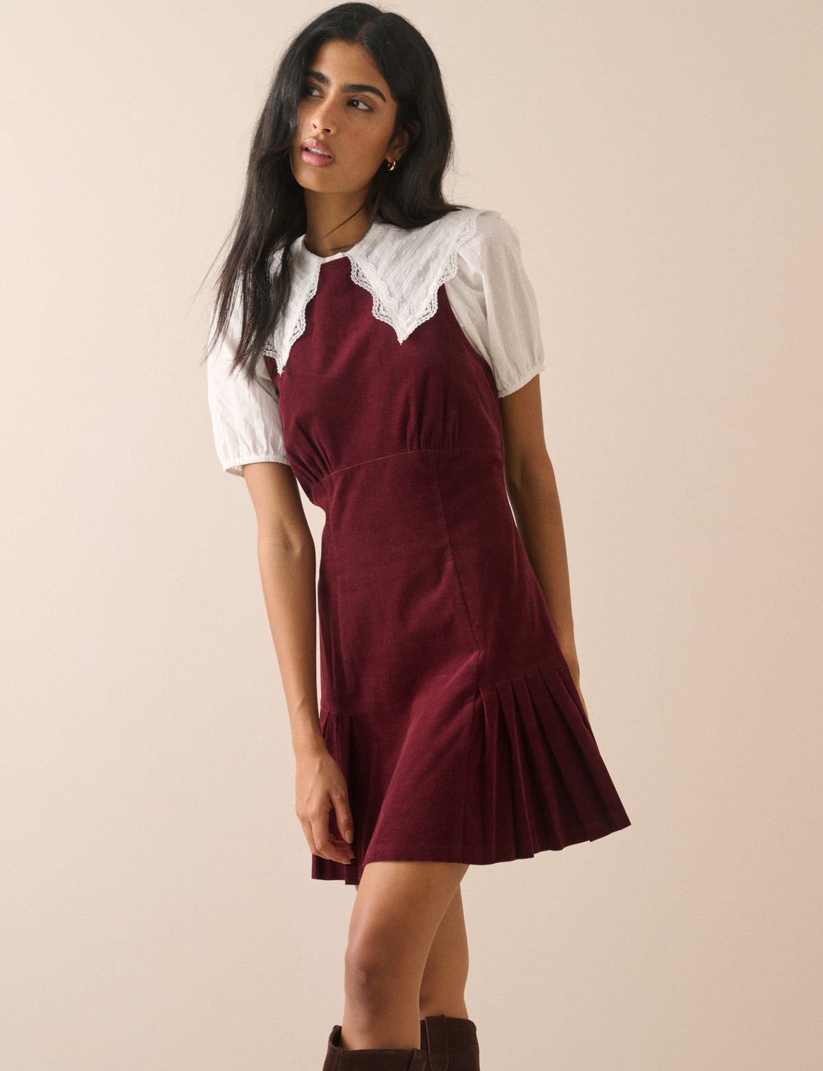Burgundy Cord Pleated Elma Mini Dress