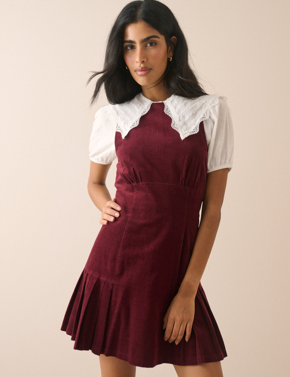Burgundy Cord Pleated Elma Mini Dress
