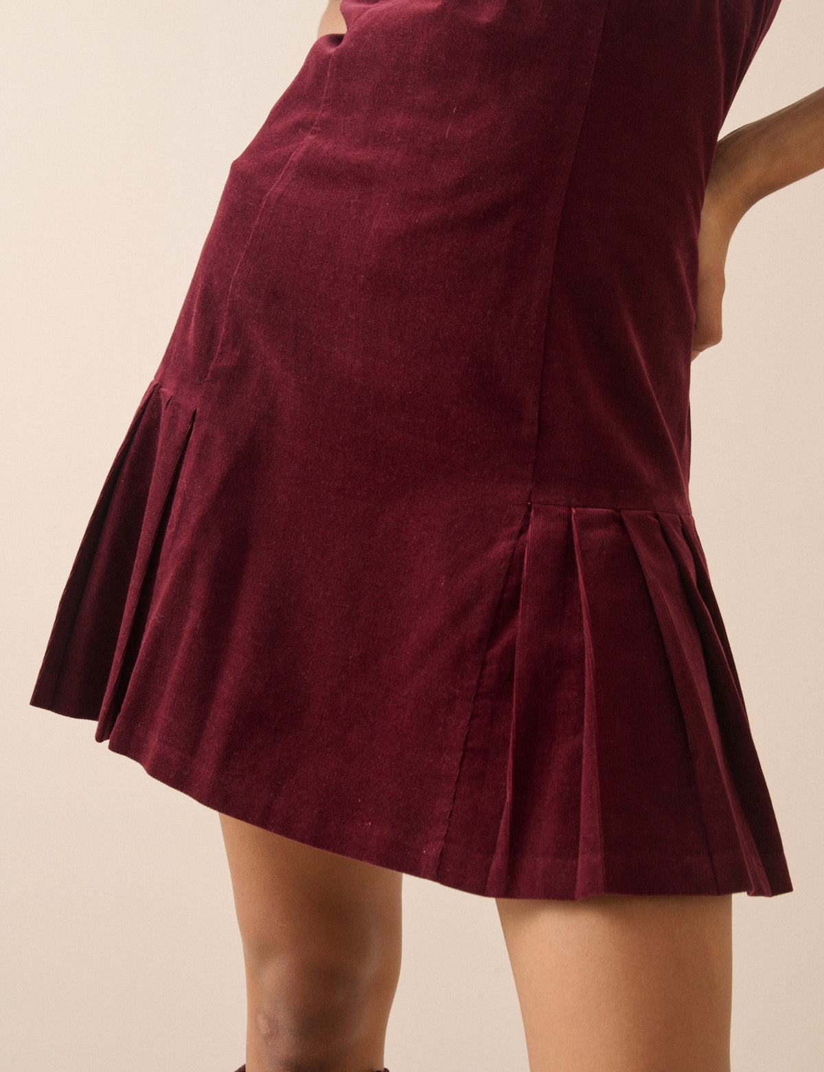 Burgundy Cord Pleated Elma Mini Dress