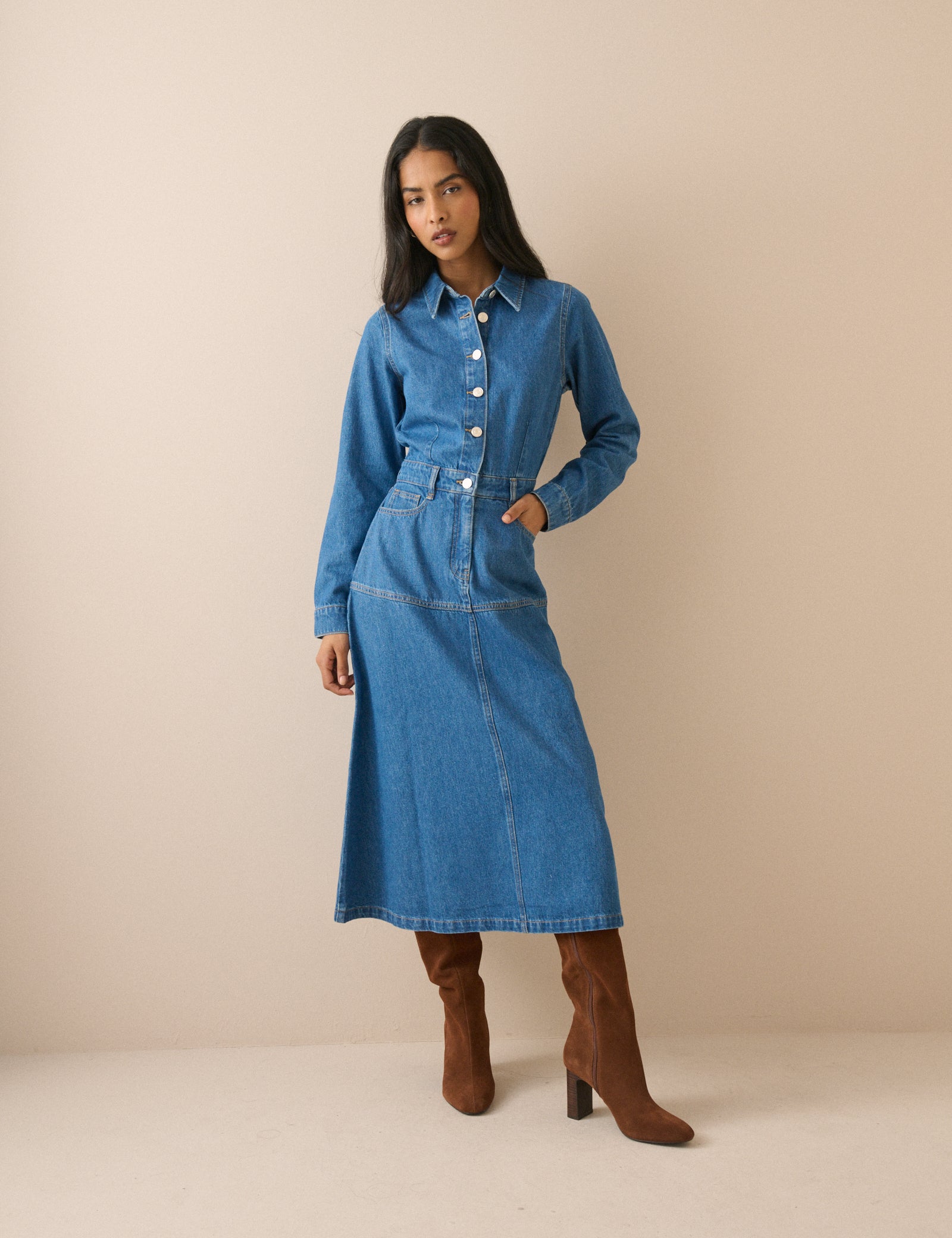 Mid Wash Denim Midi Shirt Dress