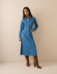 Mid Wash Denim Midi Shirt Dress