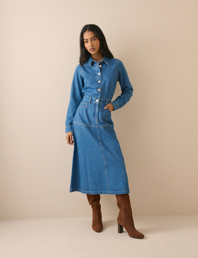Mid Wash Denim Midi Shirt Dress