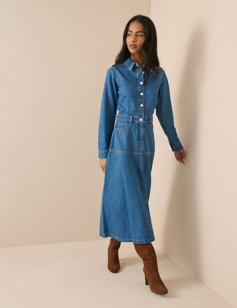 Mid Wash Denim Midi Shirt Dress