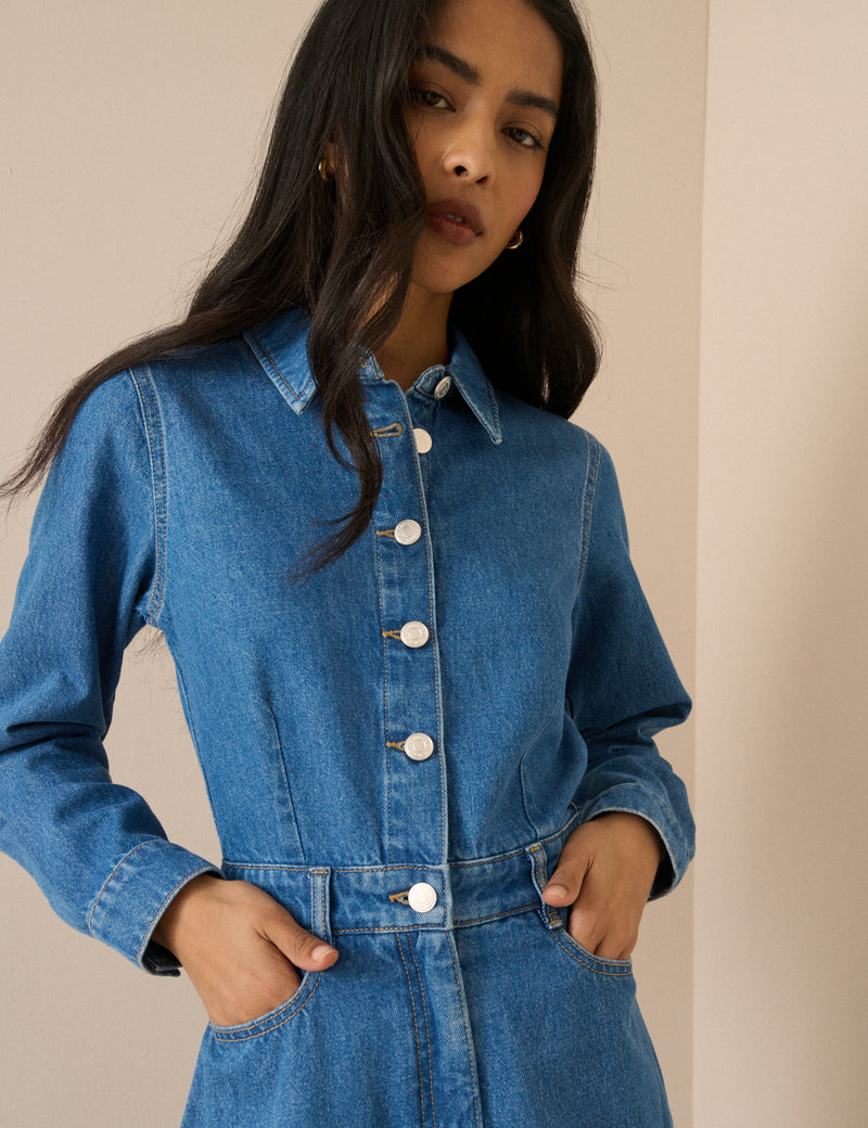 Mid Wash Denim Midi Shirt Dress
