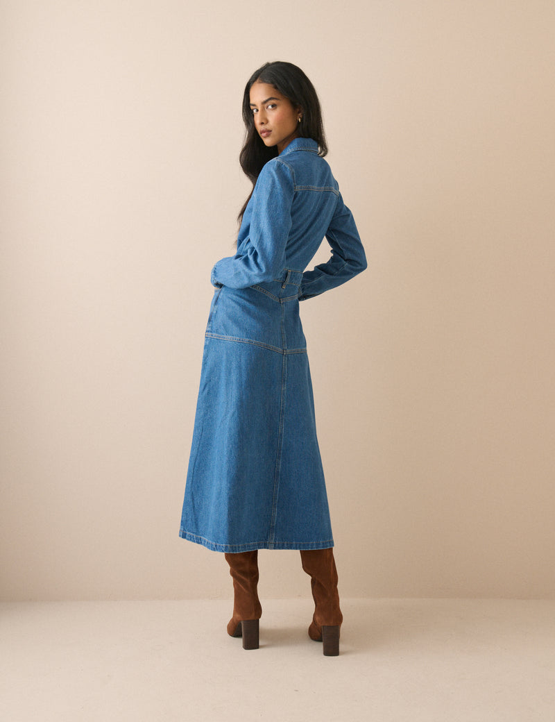 Mid Wash Denim Midi Shirt Dress