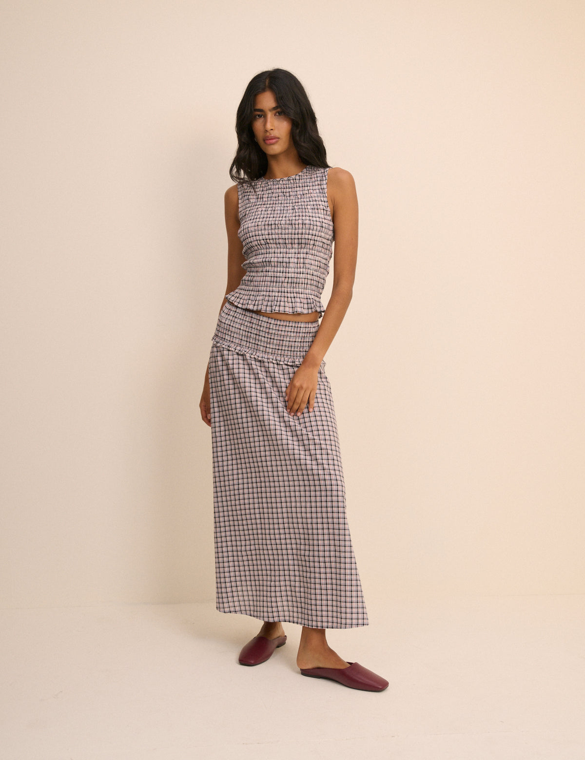 Black and Blue Check Shirred Sallie Top