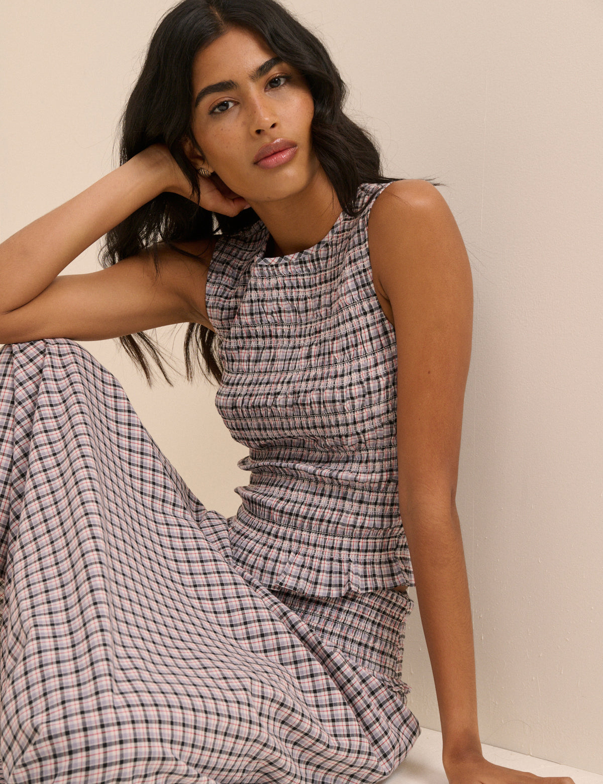 Black and Blue Check Shirred Sallie Top
