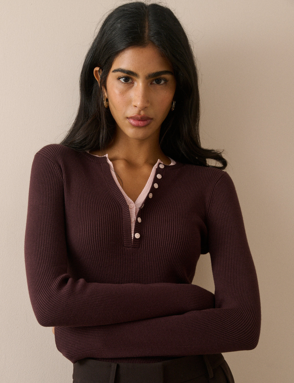 Chocolate Brown Double Layered Henley Top