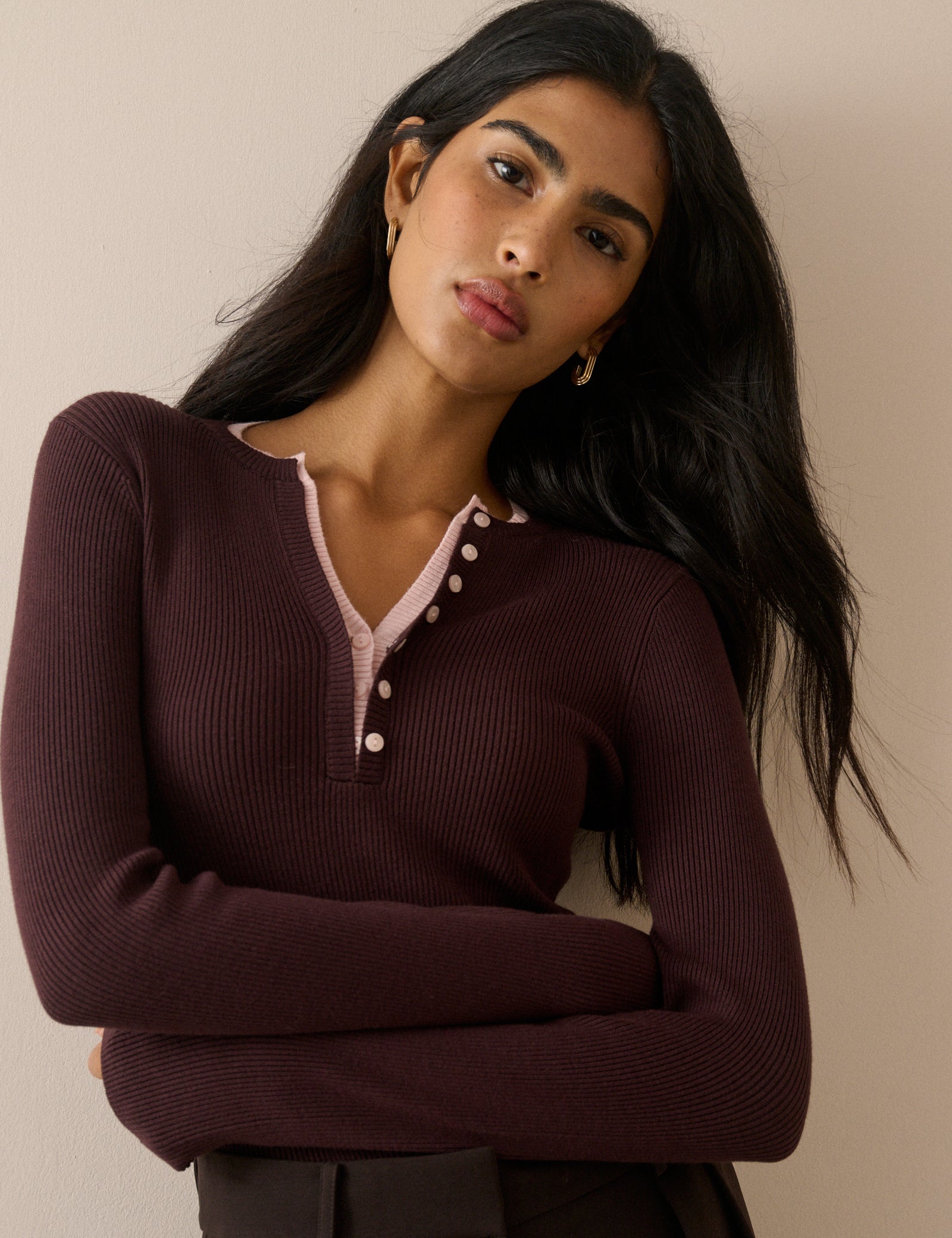 Chocolate Brown Double Layered Henley Top