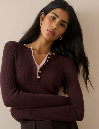 Chocolate Brown Double Layered Henley Top