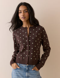 Polka Dot Jacquard Cardigan With Neck Tie