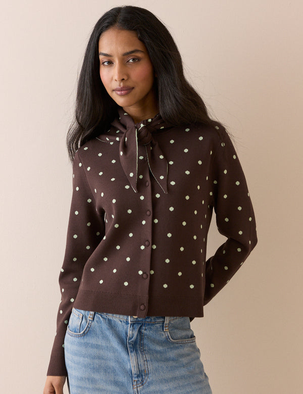 Polka Dot Jacquard Cardigan With Neck Tie