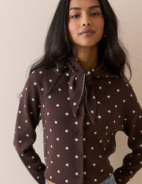 Polka Dot Jacquard Cardigan With Neck Tie