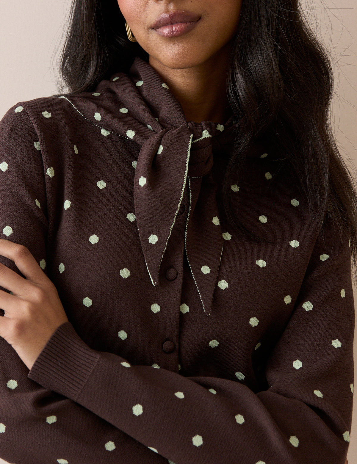 Polka Dot Jacquard Cardigan With Neck Tie