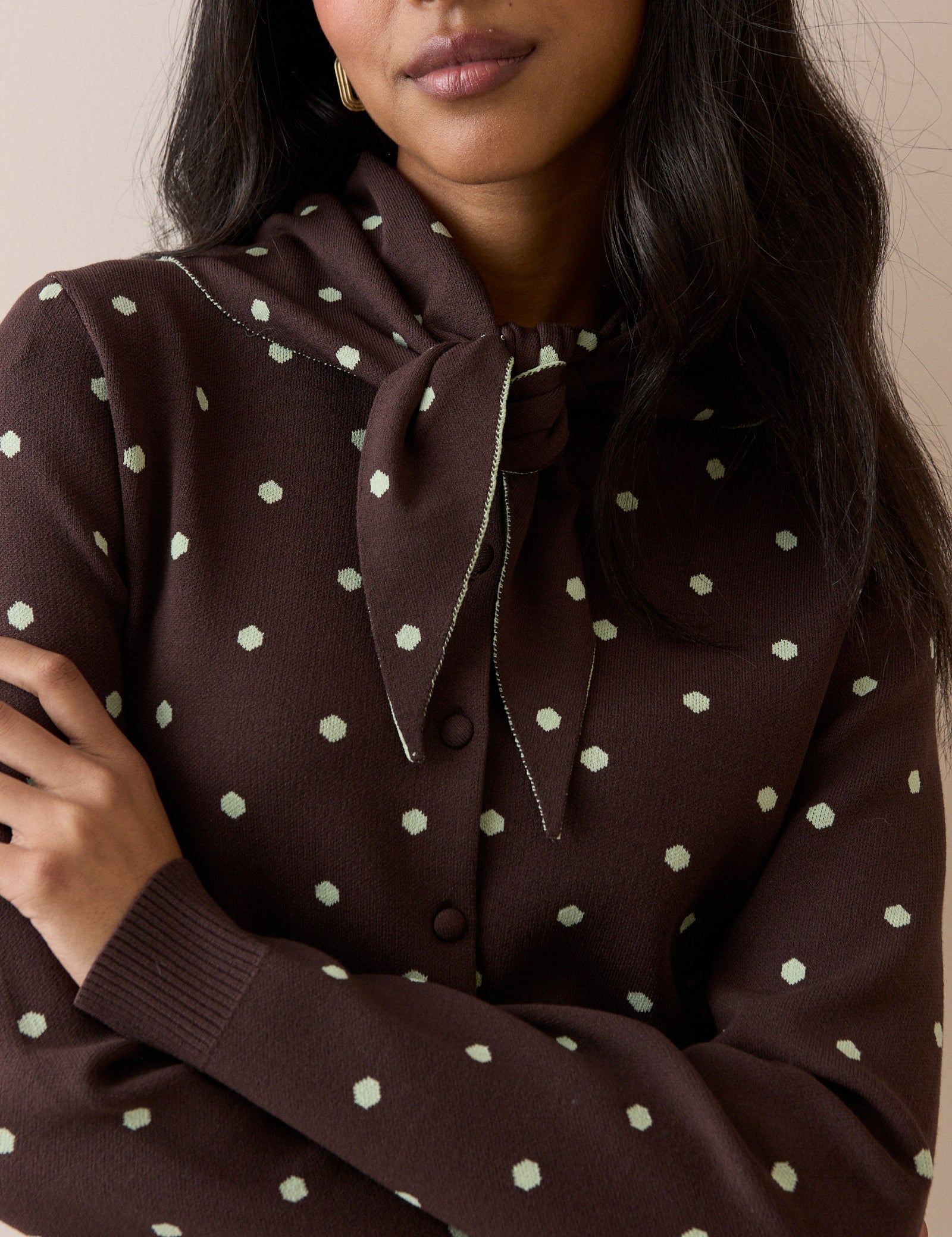 Polka Dot Jacquard Cardigan With Neck Tie