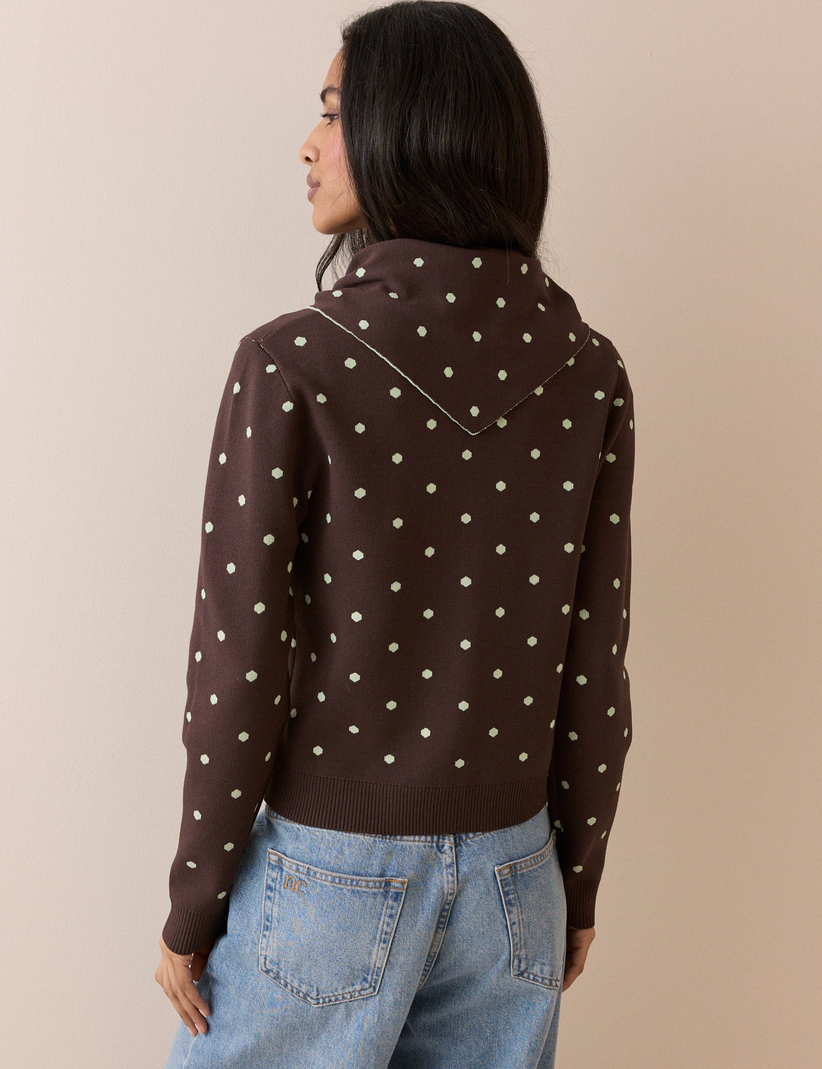 Polka Dot Jacquard Cardigan With Neck Tie