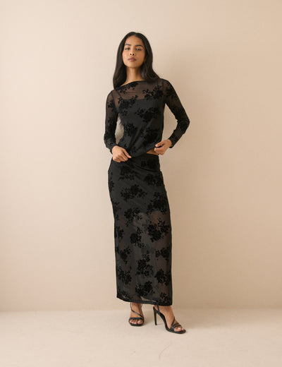 Black Floral Mesh Maxi Skirt