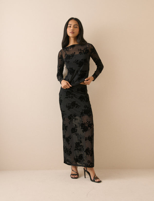 Black Floral Mesh Maxi Skirt