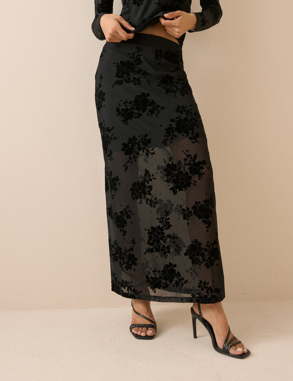 Black Floral Mesh Maxi Skirt
