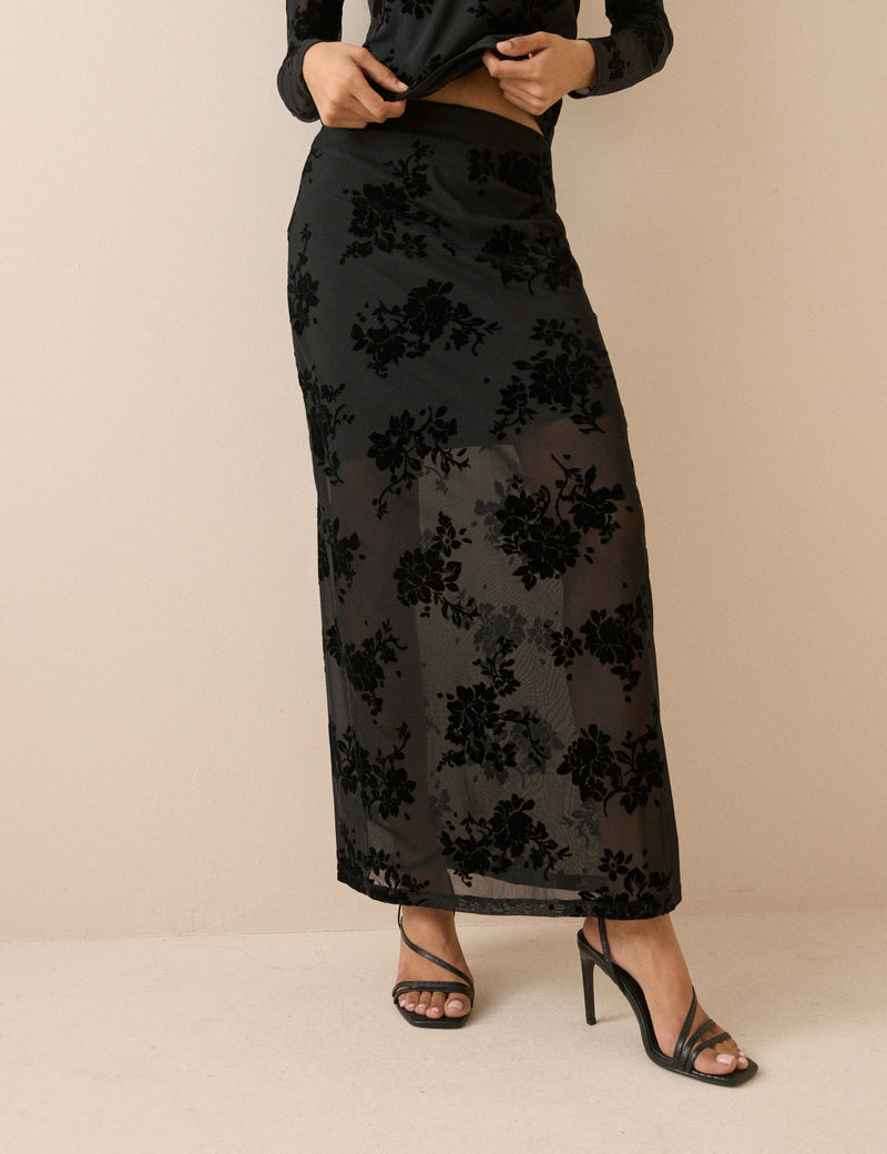Black Floral Mesh Maxi Skirt