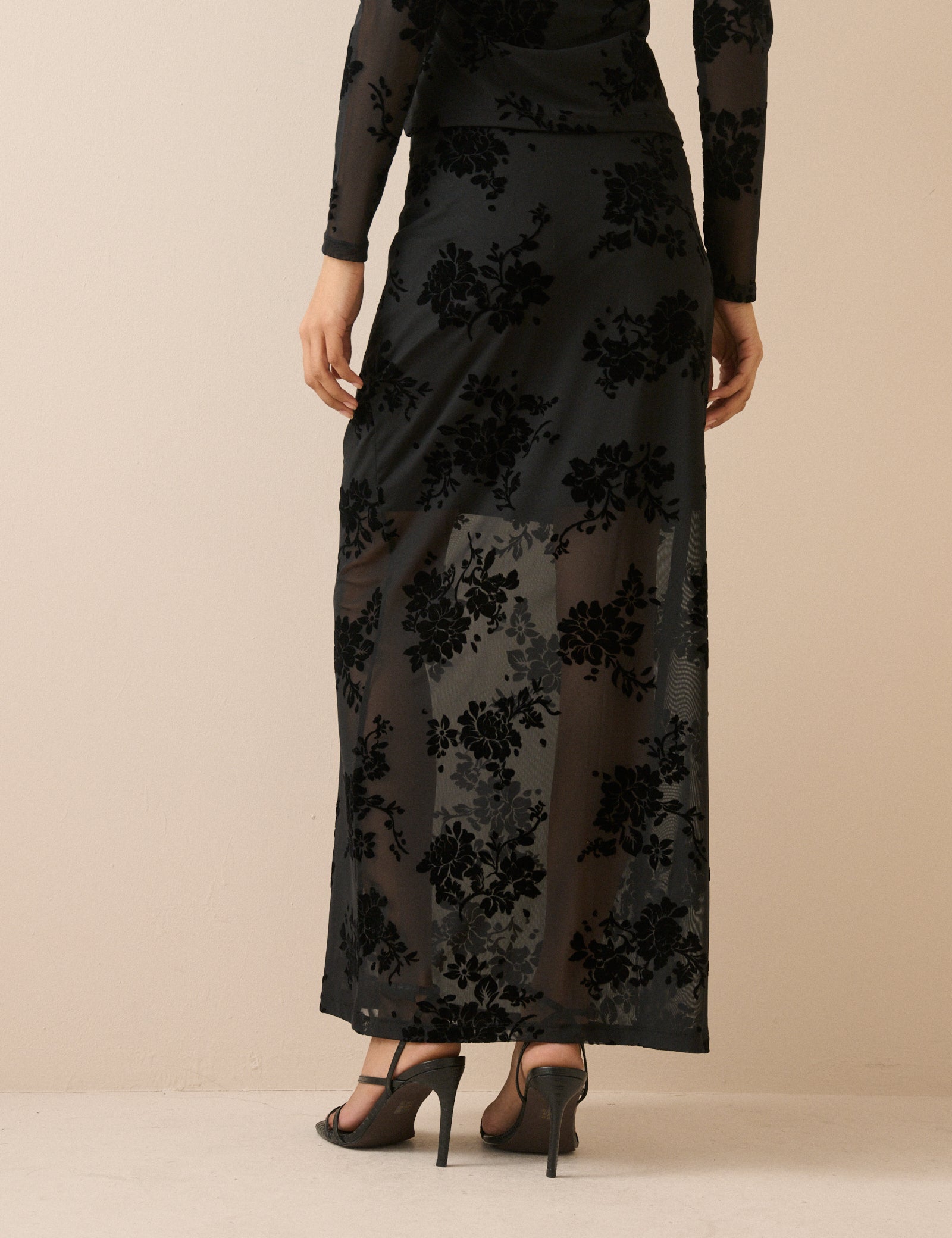 Black Floral Mesh Maxi Skirt