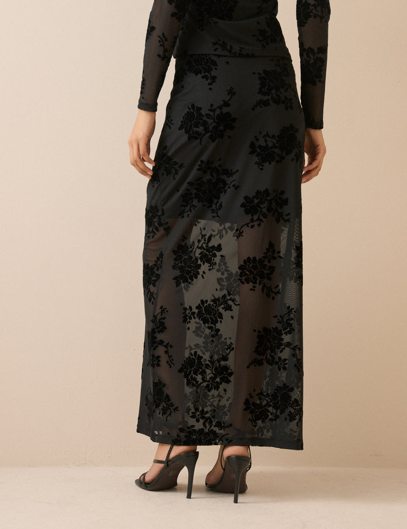 Black Floral Mesh Maxi Skirt