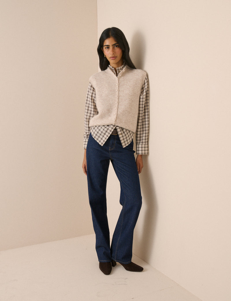 Brown Check Frill Neck Blouse