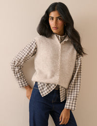 Brown Check Frill Neck Blouse