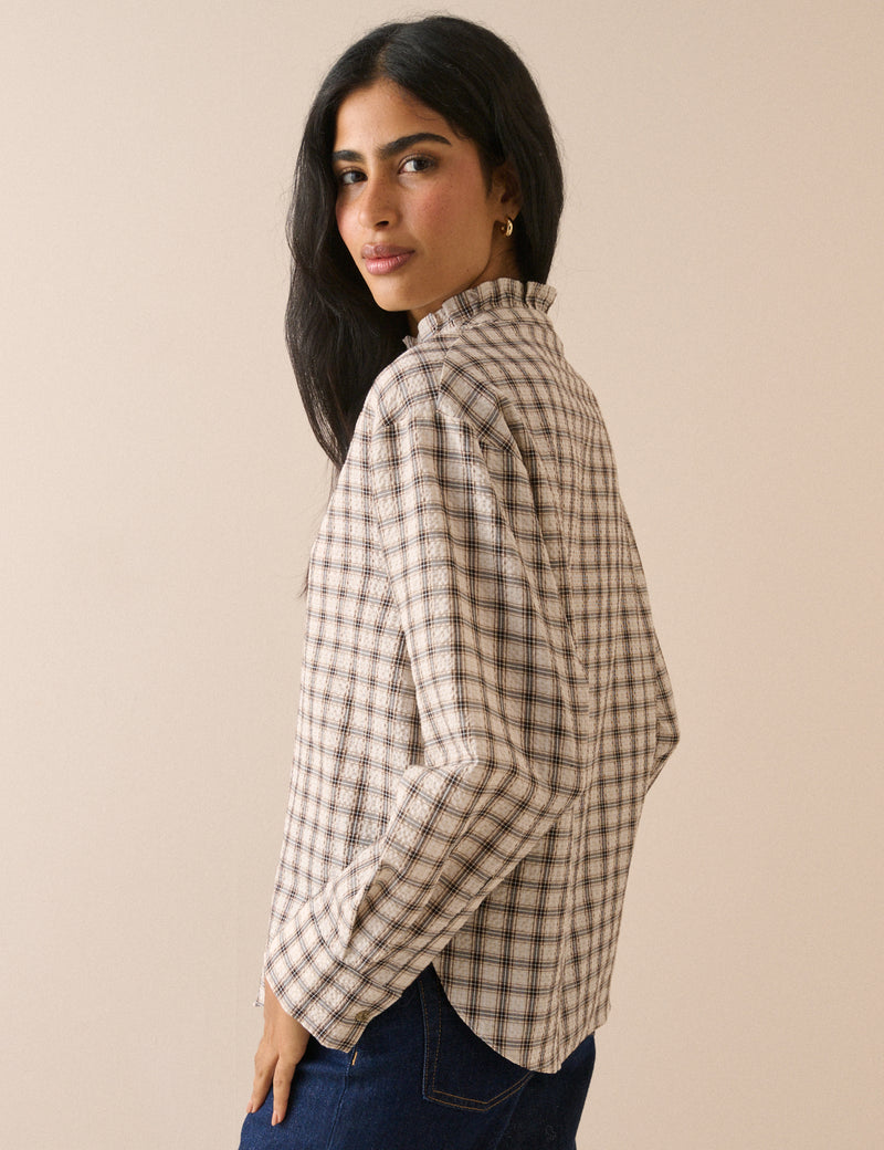 Brown Check Frill Neck Blouse
