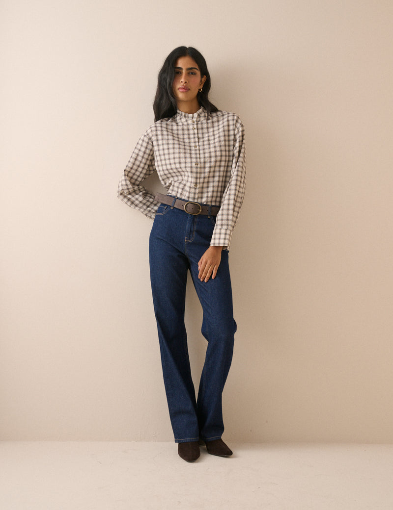 Brown Check Frill Neck Blouse